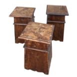 A SET OF THREE 18TH CENTURY CONTINENTAL WALNUT SQUARE TOP STOOLS. (h 50cm x 30.5cm x 30.5cm)