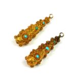 A PAIR OF VICTORIAN YELLOW METAL AND TURQUOISE ETRUSCAN REVIVAL EARRINGS. (39mm, gross weight 3.