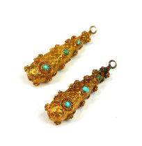 A PAIR OF VICTORIAN YELLOW METAL AND TURQUOISE ETRUSCAN REVIVAL EARRINGS. (39mm, gross weight 3.