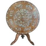 A FINE 19TH CENTURY ANGLO-CHINESE SOLID HARDWOOD AND MOTHER OF PEARL INLAID TILT TOP TABLE The