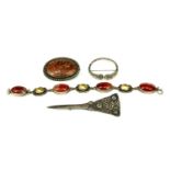 A SCOTTISH SILVER AND AGATE BROOCH, TOGETHER WITH A CARNELIAN AND CITRINE BRACELET AND TWO CELTIC