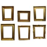 A COLLECTION OF SIX 19TH CENTURY GILTWOOD AND GESSO FRAMES. (largest 63cm x 71cm, rebate 44cm x 51.