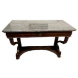 A 19TH CENTURY FRENCH EMPIRE MAHOGANY CONSOLE TABLE The grey marble top above a single drawer,