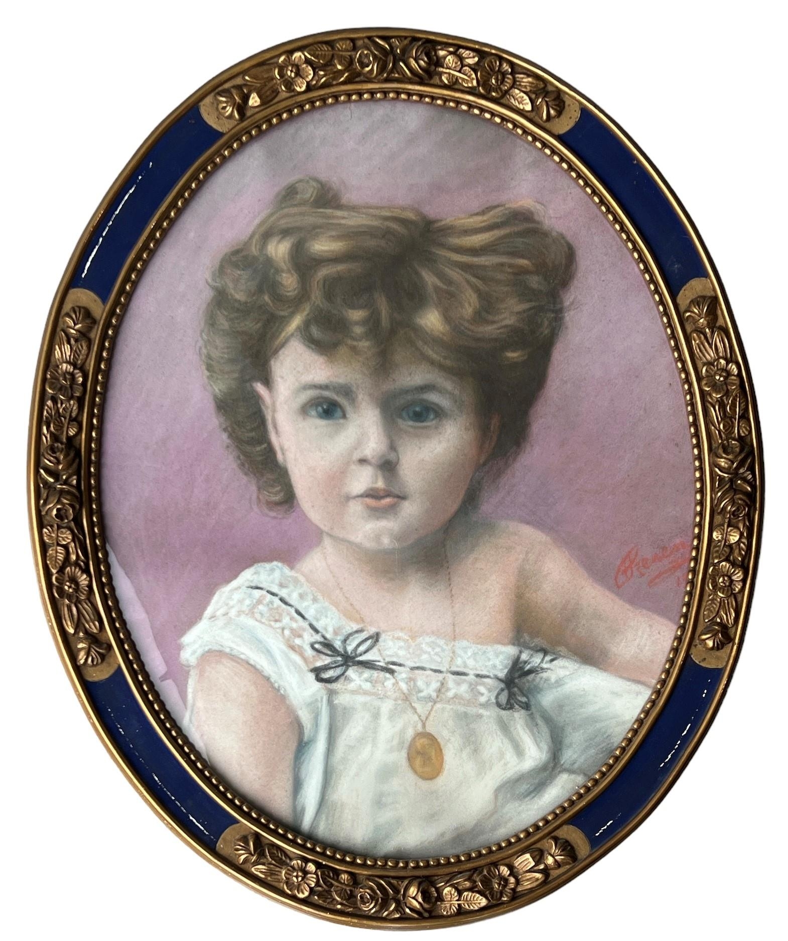 A 20TH CENTURY OVAL PASTEL, PORTRAIT OF A YOUNG GIRL Indistinctly signed lower right, held in a