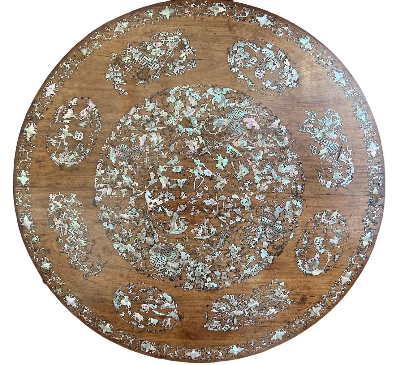 A FINE 19TH CENTURY ANGLO-CHINESE SOLID HARDWOOD AND MOTHER OF PEARL INLAID TILT TOP TABLE The - Image 3 of 9