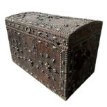 A 17TH CENTURY FRENCH (POSSIBLY ROYAL FAMILY) LEATHER AND BRASS TRUNK Decorative with Fleur-de-Lis