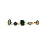 A COLLECTION OF 20TH CENTURY 9CT GOLD SOLITAIRE RINGS To include an amethyst ring, hallmarked