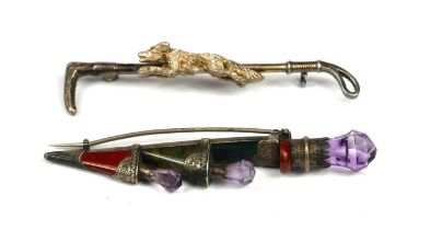 A VICTORIAN SCOTTISH SILVER, AGATE AND AMETHYST DIRK DAGGER BROOCH Together with a G.W. Lewis &
