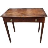 A GEORGE III MAHOGANY AND LINE INLAID BOW FRONTED SIDE TABLE With single drawer, raised on square