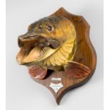 A.J. HALL, A MONUMENTAL PIKE HEAD UPON OAK SHIELD. Plaques inscribed: Pike 55lbs, found