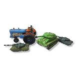 DINKY, TWO DIECAST MODEL CHIEFTAIN TANKS Together with a tinplate model tank and a plastic battery