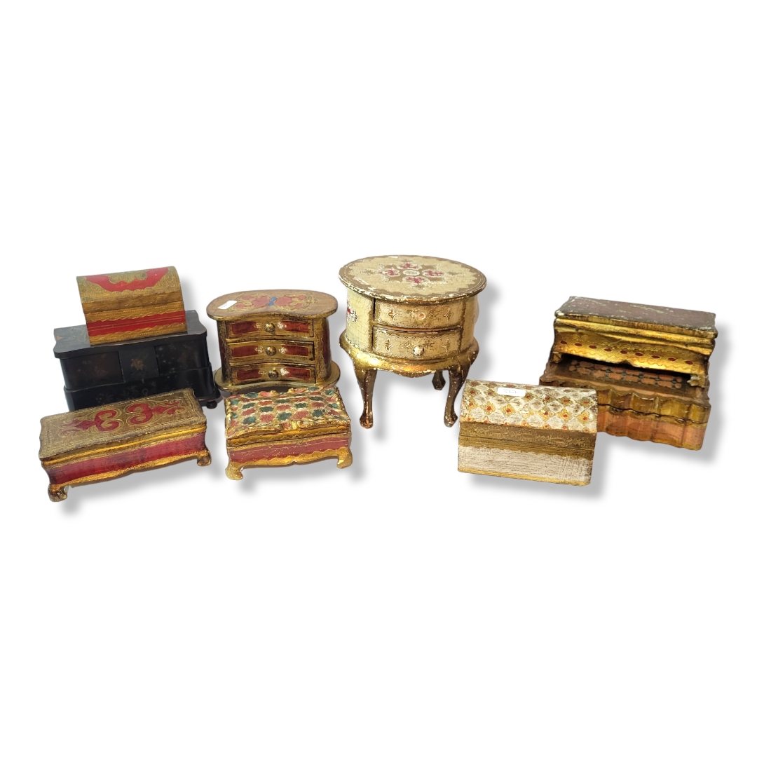 A MIXED COLLECTION OF EIGHT EARLY 20TH CENTURY FRENCH ROCOCO STYLE NOVELTY JEWELLERY BOXES All in