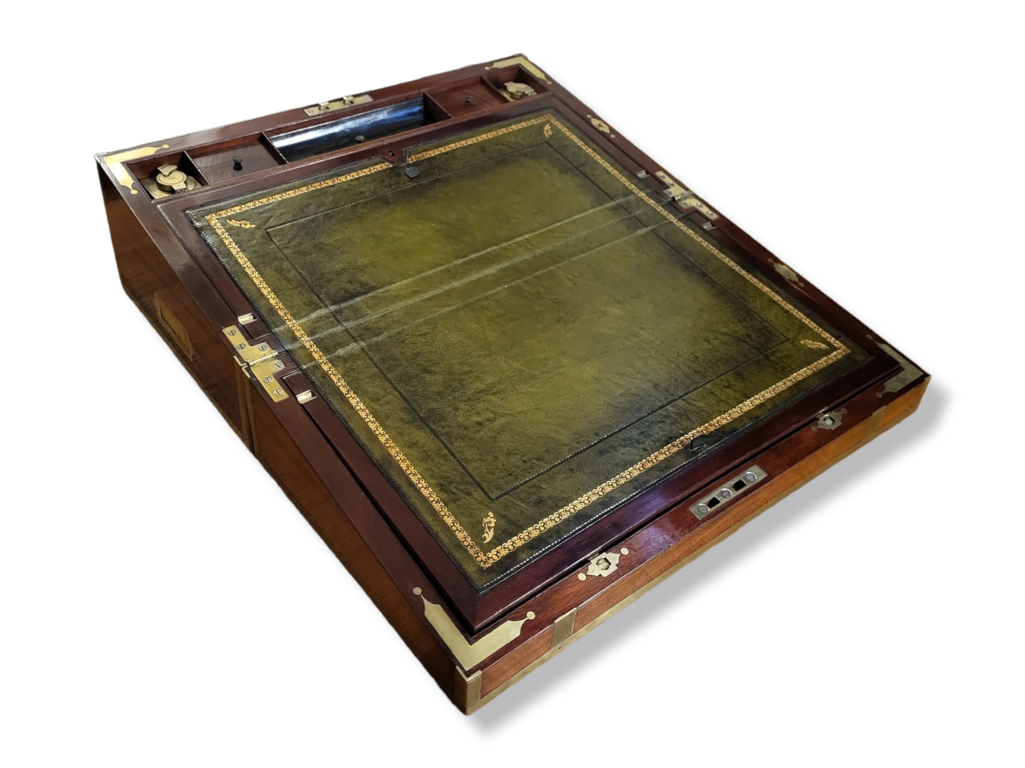 AN EARLY 19TH CENTURY MAHOGANY AND BRASS RECTANGULAR WRITING SLOPE With twin brass handles, brass - Image 3 of 4