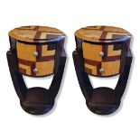 A PAIR OF ITALIAN ART DECO STYLE MIXED EXOTIC WOOD LACQUERED CIRCULAR SIDE TABLES With two