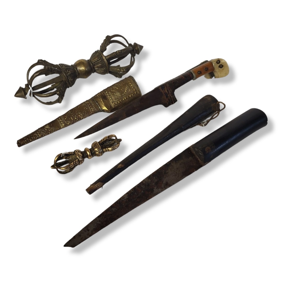 A SET OF THREE LATE 19TH CENTURY COLONIAL INDIAN DIRK DAGGERS Two having bone handles, embossed