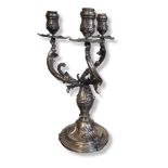 A 19TH CENTURY CONTINENTAL WHITE METAL THREE FLORAL SCROLL BRANCH CANDELABRA. (approx 36cm)