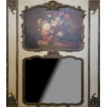 A LATE 19TH CENTURY FRENCH TRUMEAU MIRROR With painted floral bouquet contained in a gilt gesso