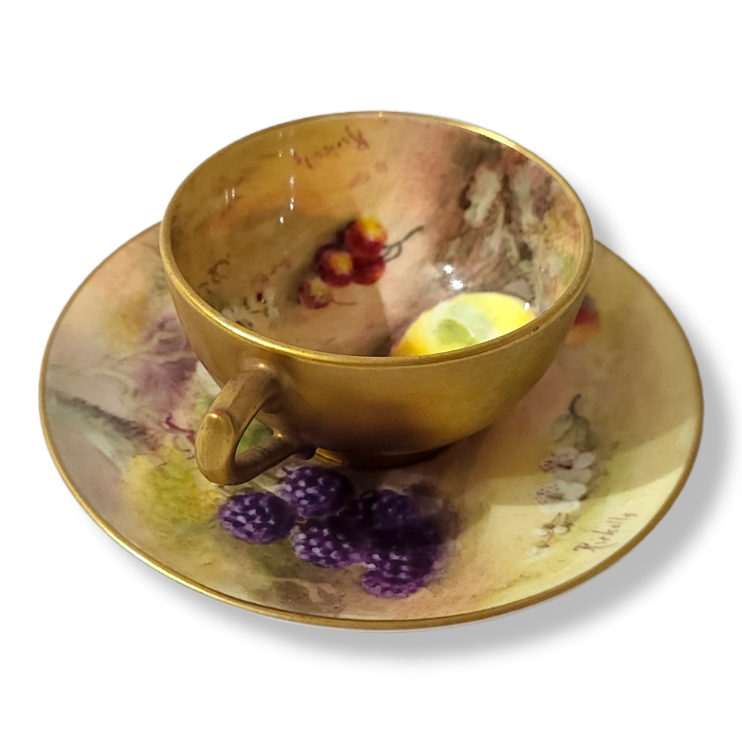 ROYAL WORCESTER, WILLIAM RICKETTS, AN EARLY 20TH CENTURY BONE CHINA MINIATURE JEWELLED CUP AND - Image 2 of 2