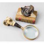 A GROUP TO INCLUDE A LEAPING SALMON ON ANTIQUE BOOK PAPERWEIGHT AND A NOVELTY MAGNIFYING GLASS