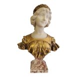 A. CALENDI, ITALIAN 19TH/20TH CENTURY GILDED BRONZE AND CARRARA MARBLE BUST Titled ‘Jeune Fille au