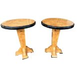 A PAIR OF ART DECO DESIGN BIRDSEYE MAPLE AND EBONISED CIRCULAR OCCASIONAL TABLES. (h 74cm x diameter