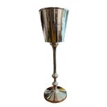 BOLLINGER, A SILVER PLATED CHAMPAGNE BUCKET ON STAND. (h 80.5cm x diameter 25cm)