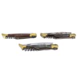 LAGUIOLE, THREE 1980’S FRENCH FOLDING PEN KNIVES Having corkscrews, brass and wood Laguiole Orfevre,