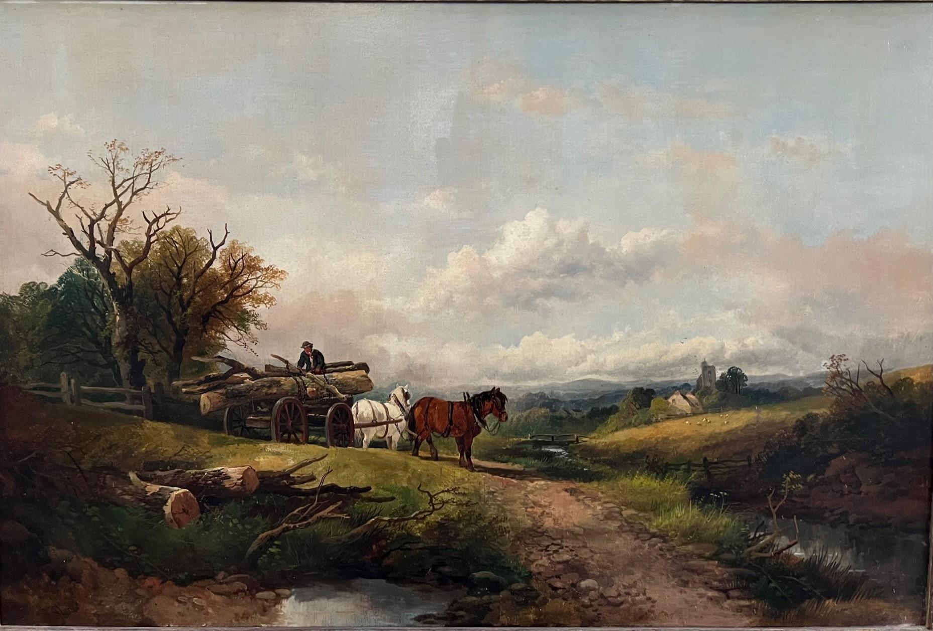 FOLLOWER OF JOHN CONSTABLE, A LARGE 19TH CENTURY OIL ON CANVAS River landscape, work horses
