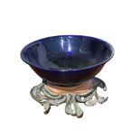 A LARGE 19TH CENTURY BRISTOL BLUE GLASS BOWL Raised on a French gilt bronze scrolling Rococo