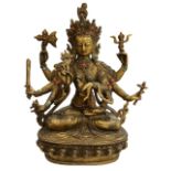 A CHINESE TIBETAN CORAL AND TURQUOISE INSET BRONZE BUDDHA. (h 22cm x d 10cm x w 18cm)