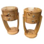 A PAIR OF ART DECO DESIGN BIRDSEYE MAPLE CIRCULAR BEDSIDE CHESTS OF TWO DRAWERS. (h 72cm x d 40cm