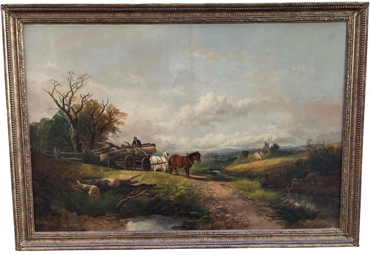 FOLLOWER OF JOHN CONSTABLE, A LARGE 19TH CENTURY OIL ON CANVAS River landscape, work horses - Image 2 of 2