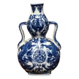 A CHINESE BLUE AND WHITE BAOYUEPING MOON FLASK Decorated with two dragons encircling a Shou