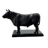 A BRONZE SCULPTURE, A PRIZE BULL On a marble plinth base. (h 17cm x d 9cm x w 21cm)