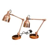 A PAIR OF COPPERED ANGLEPOISE STYLE ADJUSTABLE DESK LAMPS. (h 45cm)