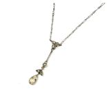 AN ART DECO PLATINUM AND DIAMOND DROP PENDANT NECKLACE Marked .950 to clasp. (length 24.7cm, gross