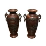 A PAIR OF JAPANESE TWIN HANDLED BRONZE VASES Decorated with dragons and birds amongst foliage. (h