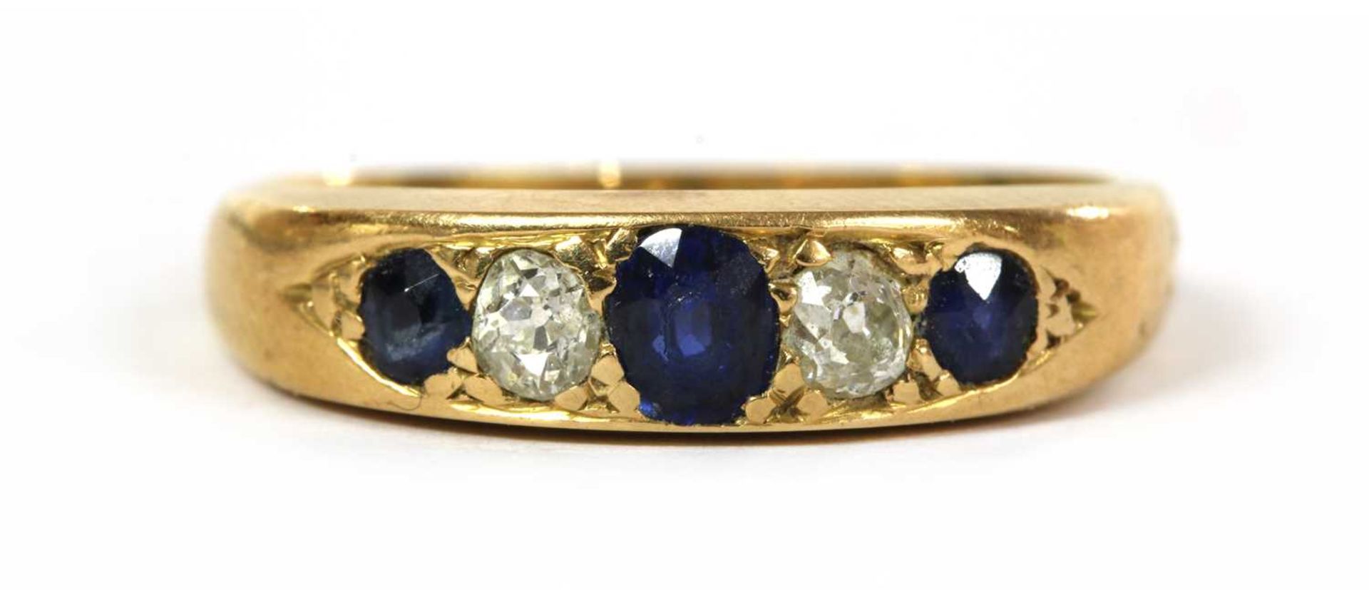 A gold five stone sapphire and diamond ring,