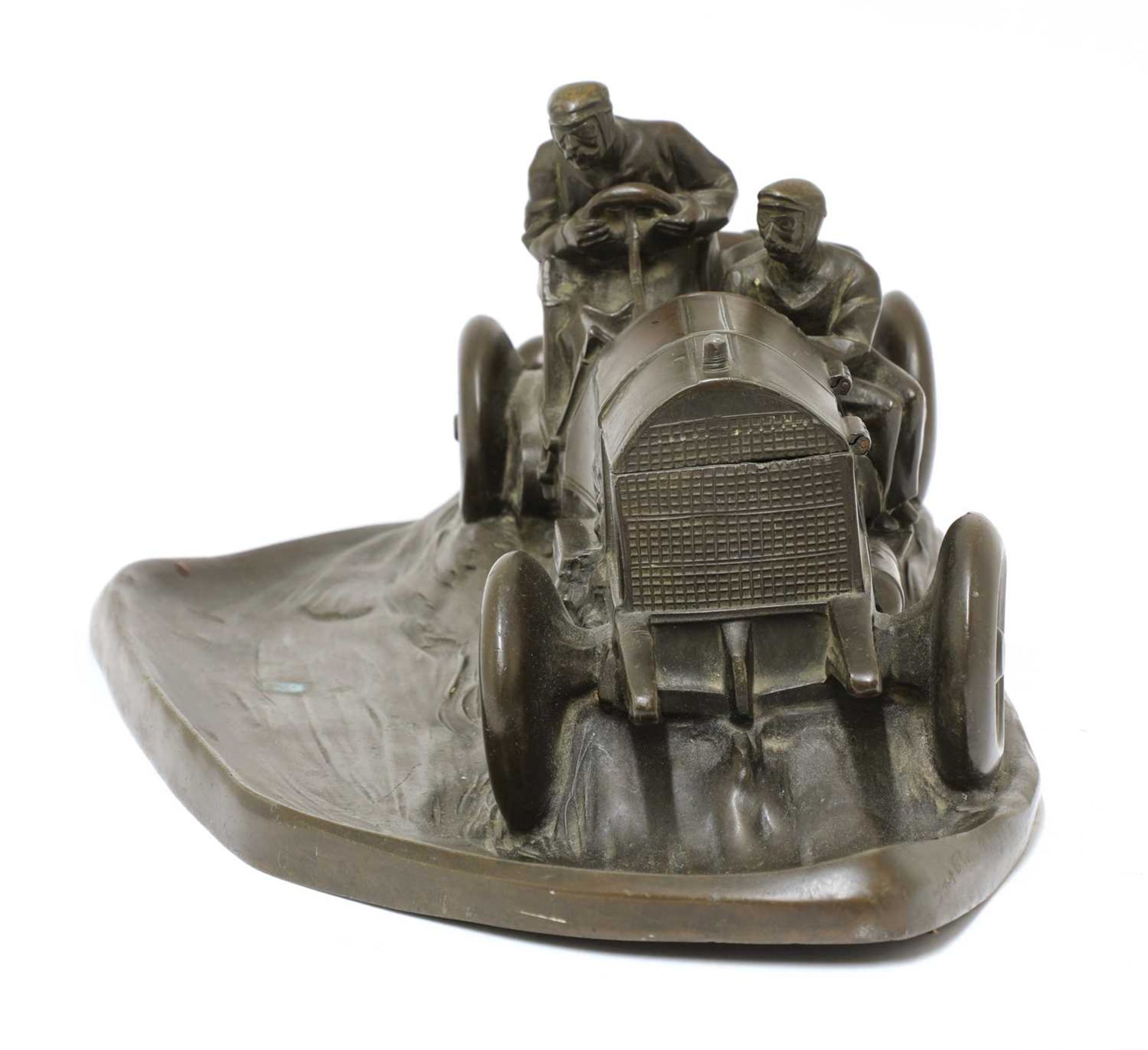 A Kayser patinated spelter desk stand in the form of a racing car, - Image 2 of 8