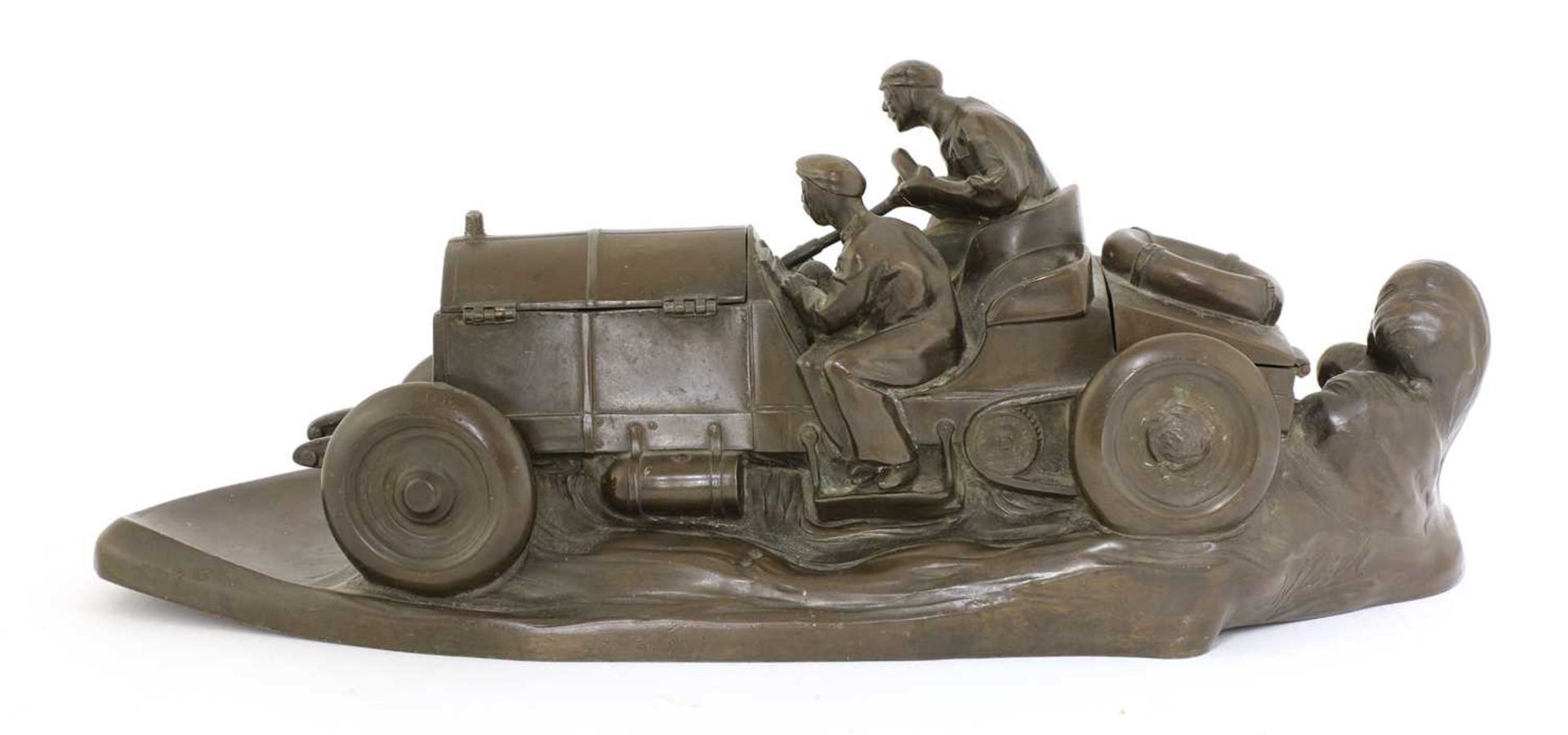 A Kayser patinated spelter desk stand in the form of a racing car, - Image 3 of 8