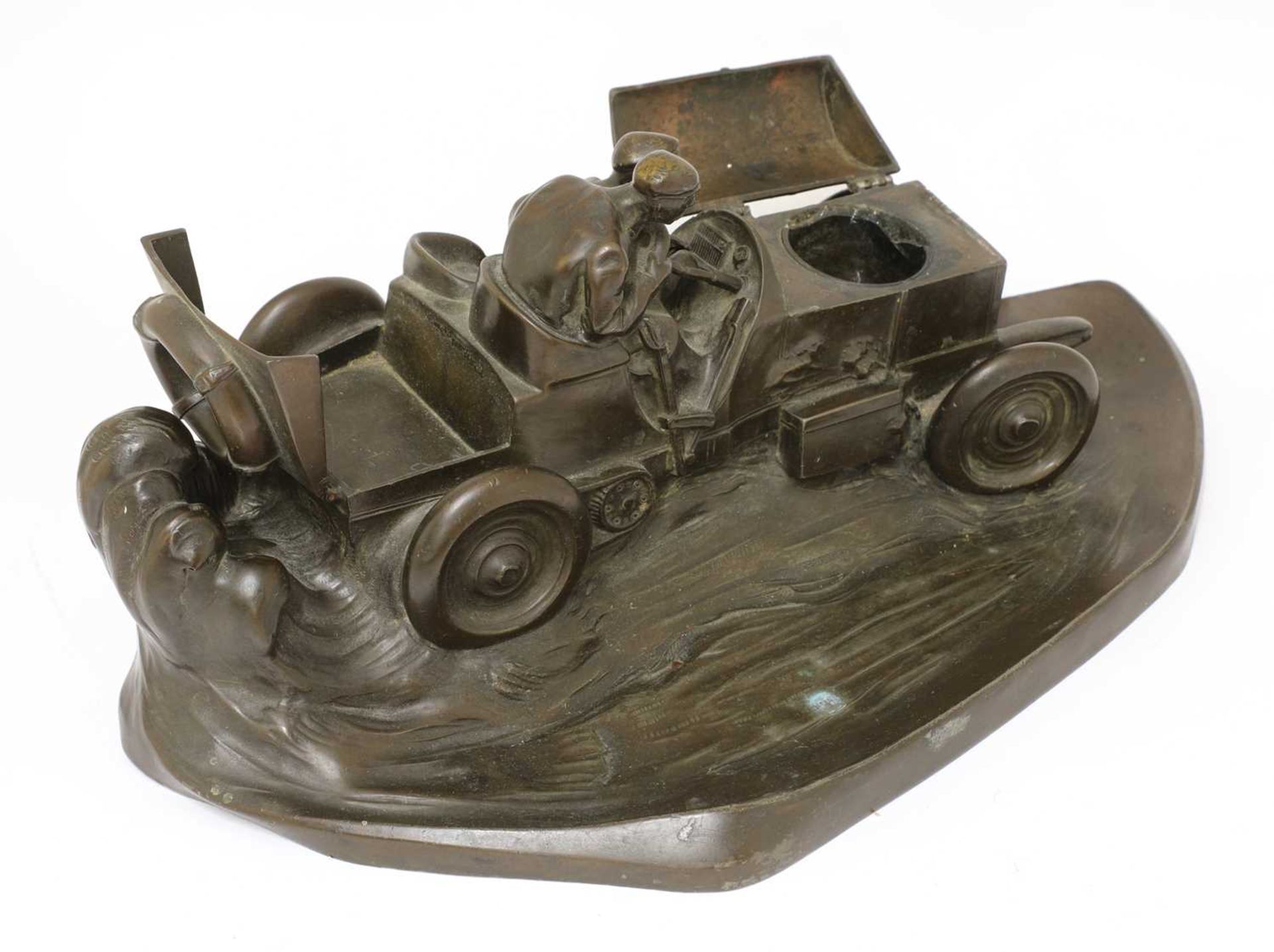 A Kayser patinated spelter desk stand in the form of a racing car, - Image 6 of 8
