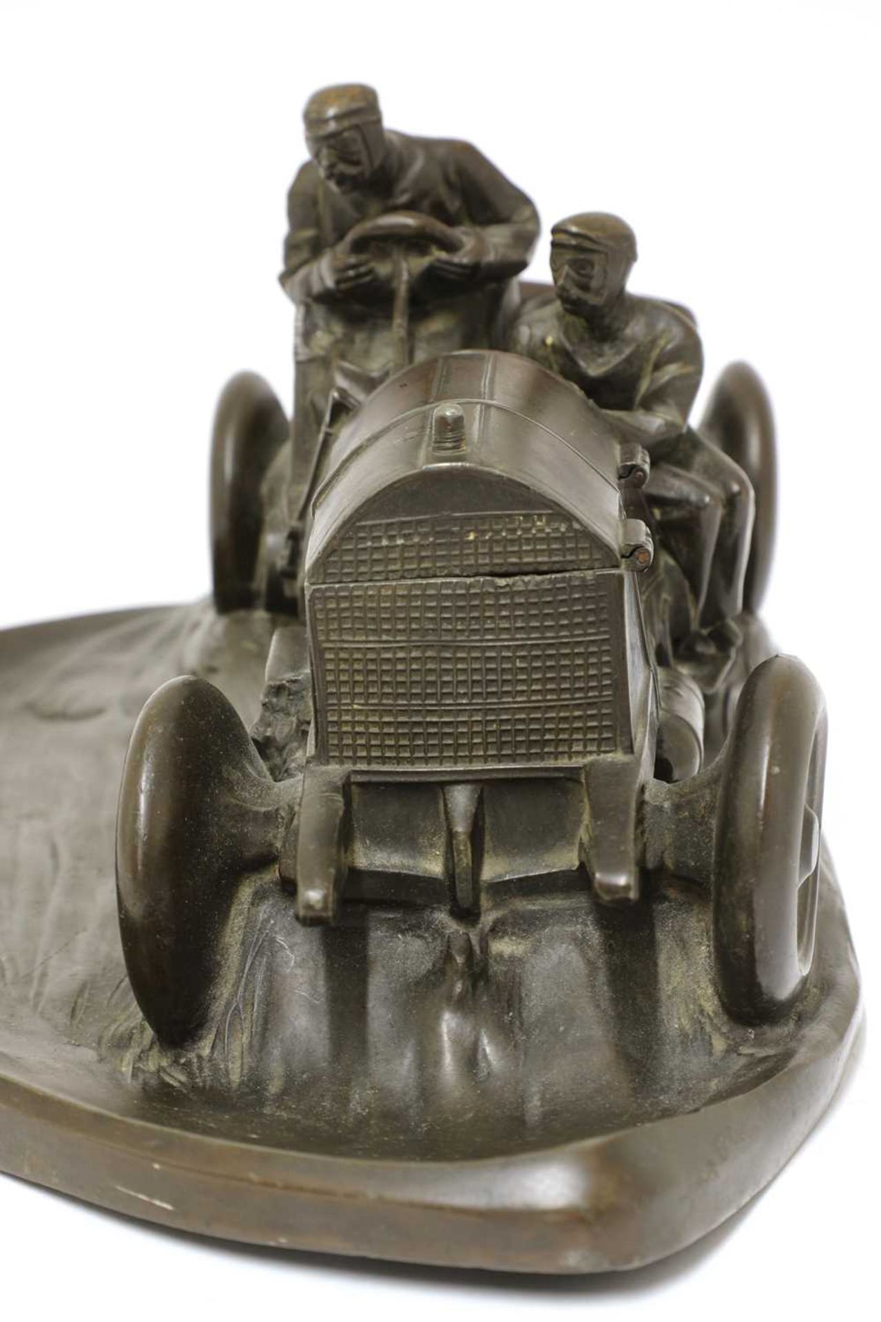 A Kayser patinated spelter desk stand in the form of a racing car, - Image 4 of 8