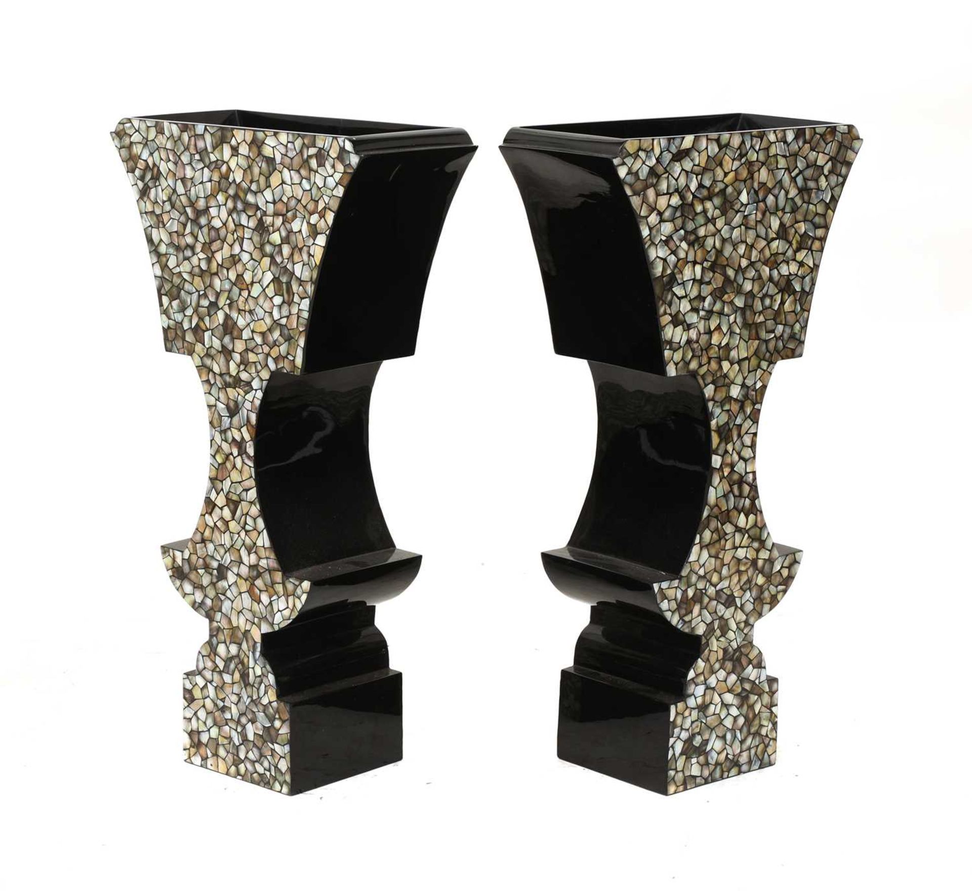 A pair of ebonised and faux mother-of-pearl planters, - Image 2 of 2