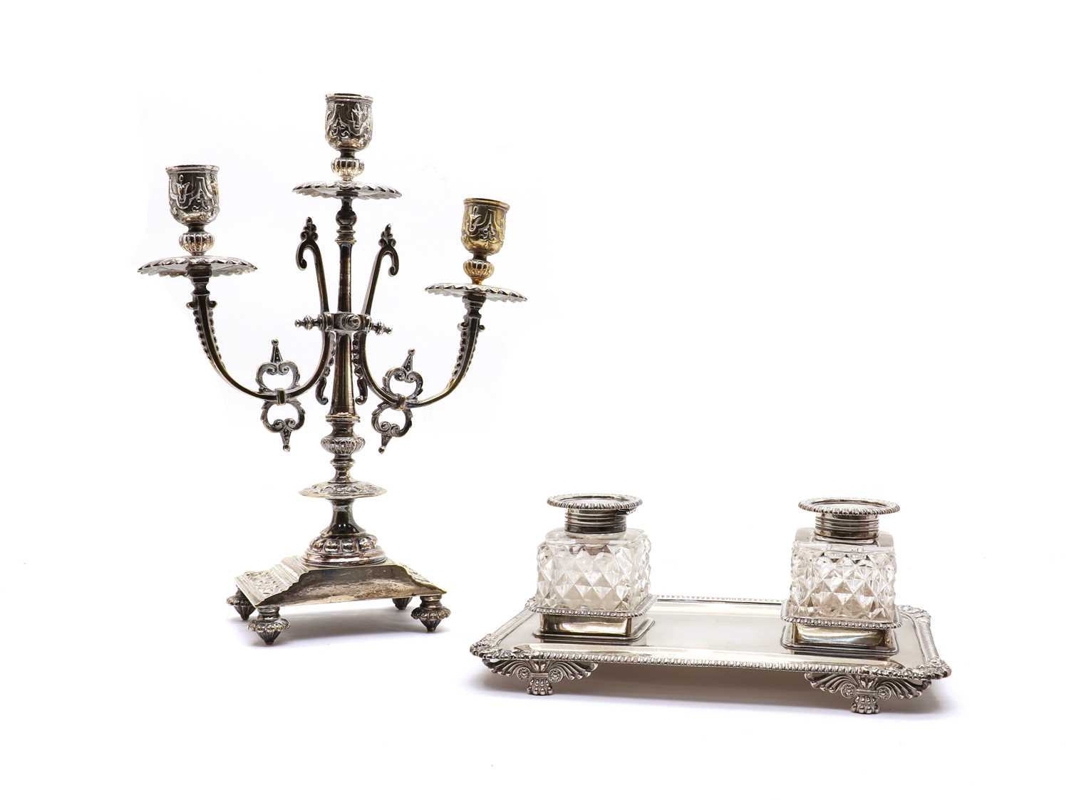 A silver ink stand with two cut glass ink wells, - Image 2 of 2