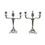 A pair of silvered bronze candelabra,