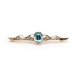 An Edwardian gold blue zircon, diamond and pearl brooch,