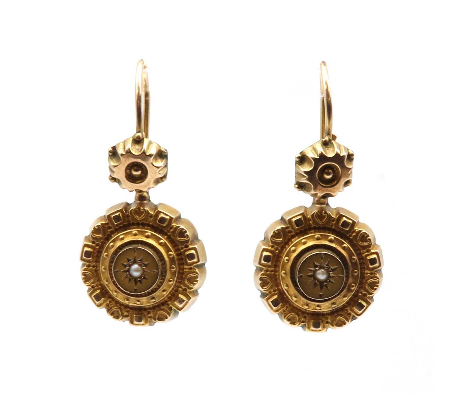 A pair of gold hollow drop earrings,