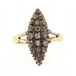 A gold and silver, diamond navette cluster ring,