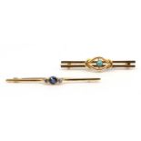 A gold three stone sapphire and diamond bar brooch,