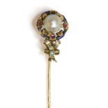 A Victorian pearl, ruby, turquoise and enamel stick pin,